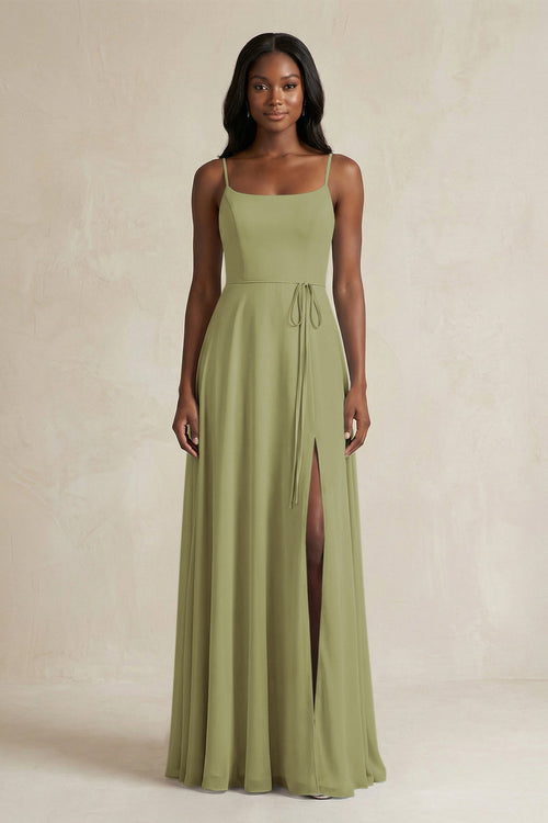 A-Line Spaghetti Straps Chiffon Bridesmaid Dress in Moss Green - SHE IS ME BRIDESMAID DRESSES