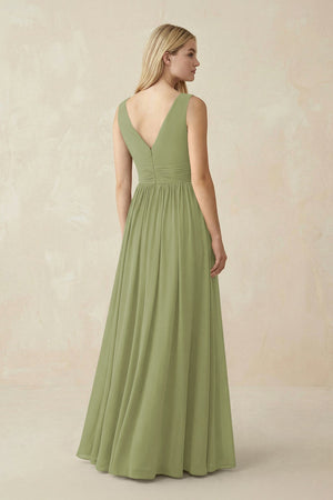 V-Neck Chiffon Pleated A-Line Bridesmaid Dress in Moss Green - SHE IS ME BRIDESMAID DRESSES