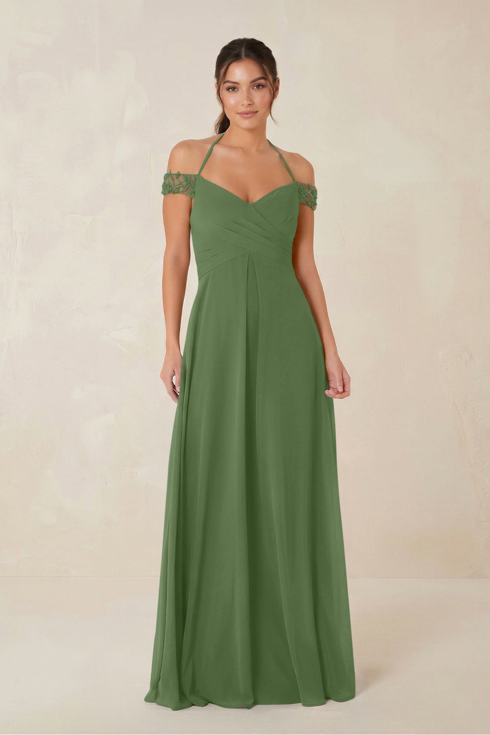 A-Line Off-the-Shoulder Chiffon Bridesmaid Dress in Moss - KISS BRIDAL BRIDESMAID DRESSES