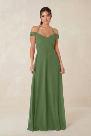 A-Line Off-the-Shoulder Chiffon Bridesmaid Dress in Moss - KISS BRIDAL BRIDESMAID DRESSES
