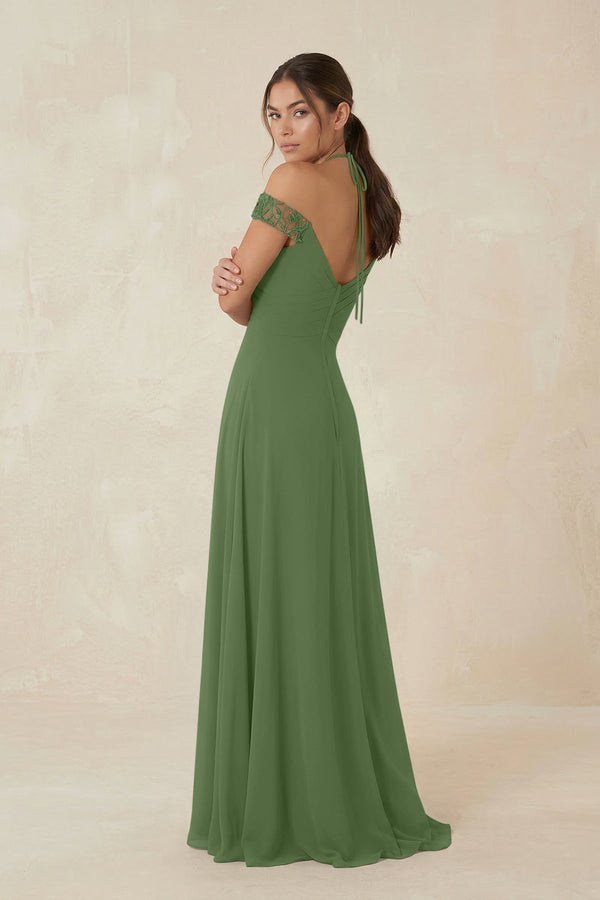 A-Line Off-the-Shoulder Chiffon Bridesmaid Dress in Moss - KISS BRIDAL BRIDESMAID DRESSES