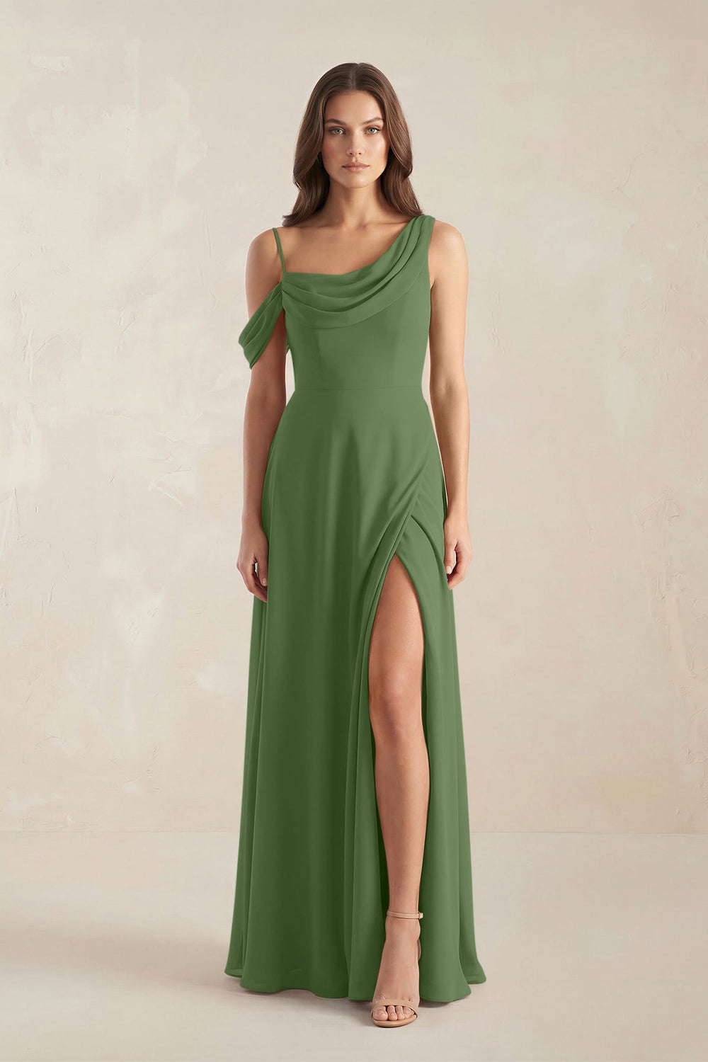One-Shoulder Chiffon A-Line Bridesmaid Dress in Moss - KISS BRIDAL BRIDESMAID DRESSES