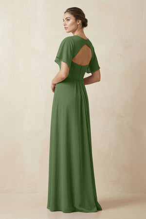 Short Sleeve V-Neck Chiffon A-Line Bridesmaid Dress in Moss - SHE IS ME BRIDESMAID DRESSES
