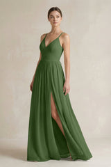 A-Line Spaghetti Strap Chiffon Bridesmaid Dress in Moss - KISS BRIDAL BRIDESMAID DRESSES