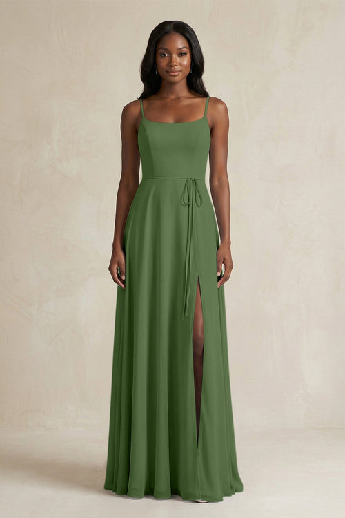 A-Line Spaghetti Straps Chiffon Bridesmaid Dress in Moss - SHE IS ME BRIDESMAID DRESSES