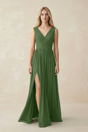 V-Neck Chiffon Pleated A-Line Bridesmaid Dress in Moss - SHE IS ME BRIDESMAID DRESSES