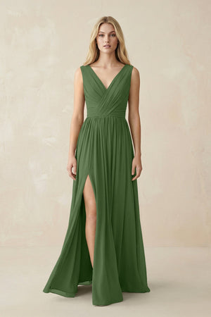 V-Neck Chiffon Pleated A-Line Bridesmaid Dress in Moss - SHE IS ME BRIDESMAID DRESSES