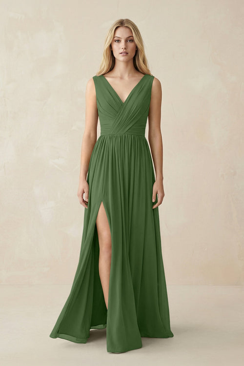 V-Neck Chiffon Pleated A-Line Bridesmaid Dress in Moss - SHE IS ME BRIDESMAID DRESSES