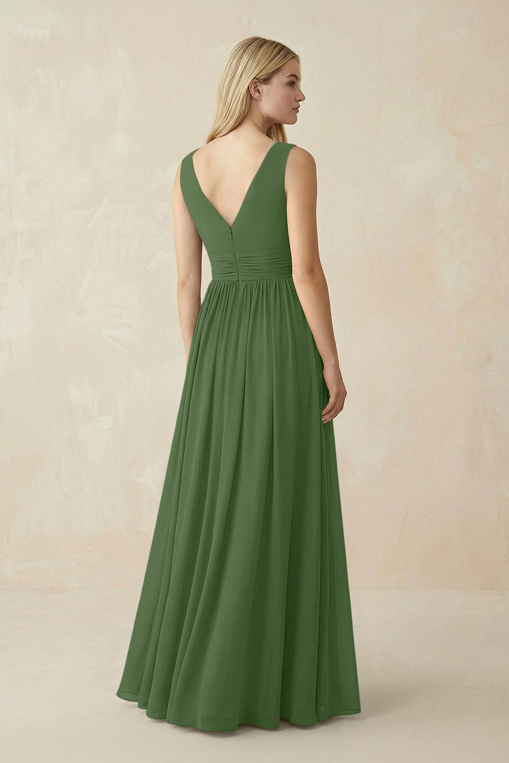 V-Neck Chiffon Pleated A-Line Bridesmaid Dress in Moss - KISS BRIDAL BRIDESMAID DRESSES