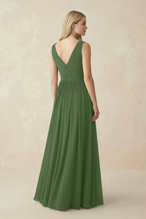 V-Neck Chiffon Pleated A-Line Bridesmaid Dress in Moss - SHE IS ME BRIDESMAID DRESSES
