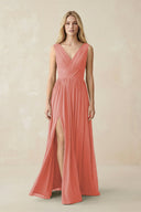 V-Neck Chiffon Pleated A-Line Bridesmaid Dress in Mulberry - SHE IS ME BRIDESMAID DRESSES