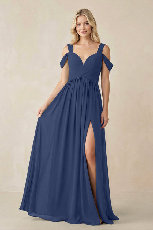 Chiffon A-Line Bridesmaid Dress with Slit  in Navy - SHE IS ME BRIDESMAID DRESSES