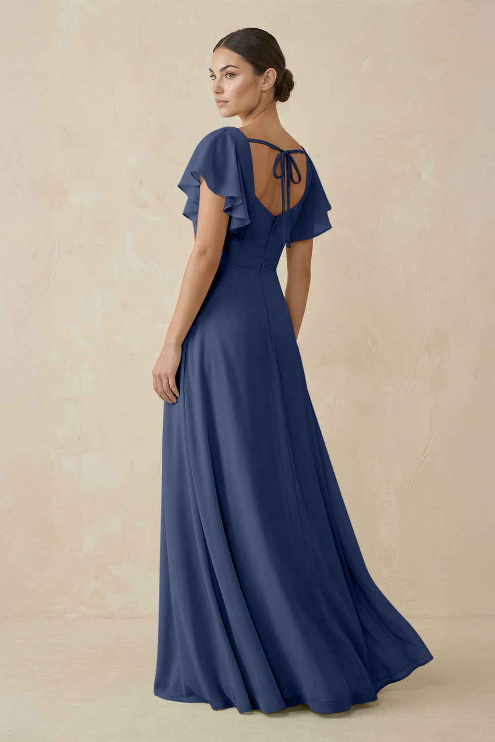 Chiffon A - Line Long Bridesmaid Dress with Flutter Sleeves in Navy - KISS BRIDAL Bridesmaid Dresses