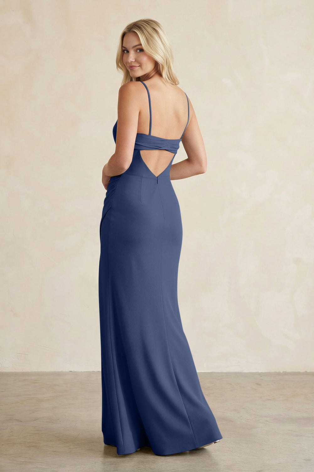 Cami Strap Chiffon Sheath Bridesmaid Dress with Slit in Navy - KISS BRIDAL BRIDESMAID DRESSES