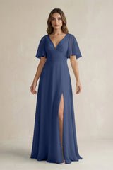 Flutter Sleeve V-Neck A-Line Chiffon Bridesmaid Dress in Navy