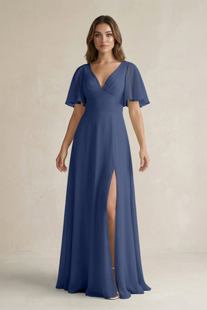 Flutter Sleeve V-Neck A-Line Chiffon Bridesmaid Dress in Navy
