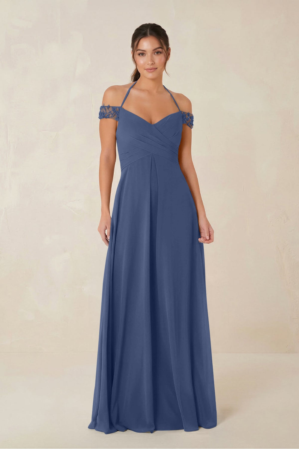 A-Line Off-the-Shoulder Chiffon Bridesmaid Dress in Navy - KISS BRIDAL BRIDESMAID DRESSES