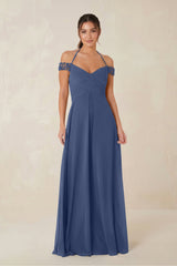 A-Line Off-the-Shoulder Chiffon Bridesmaid Dress in Navy - KISS BRIDAL BRIDESMAID DRESSES