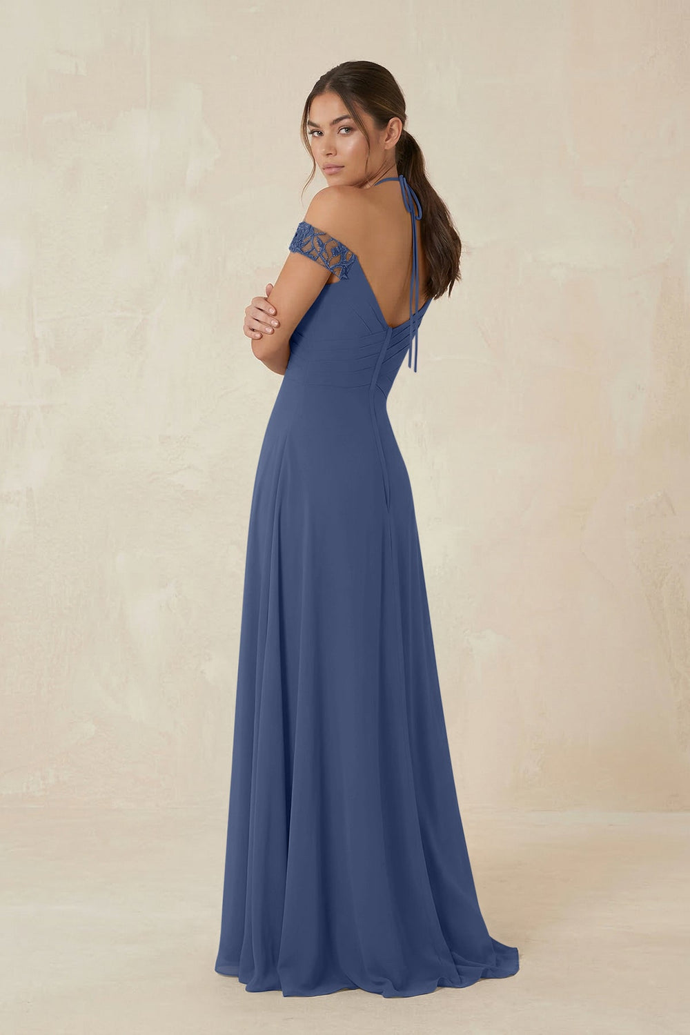 A-Line Off-the-Shoulder Chiffon Bridesmaid Dress in Navy - KISS BRIDAL BRIDESMAID DRESSES