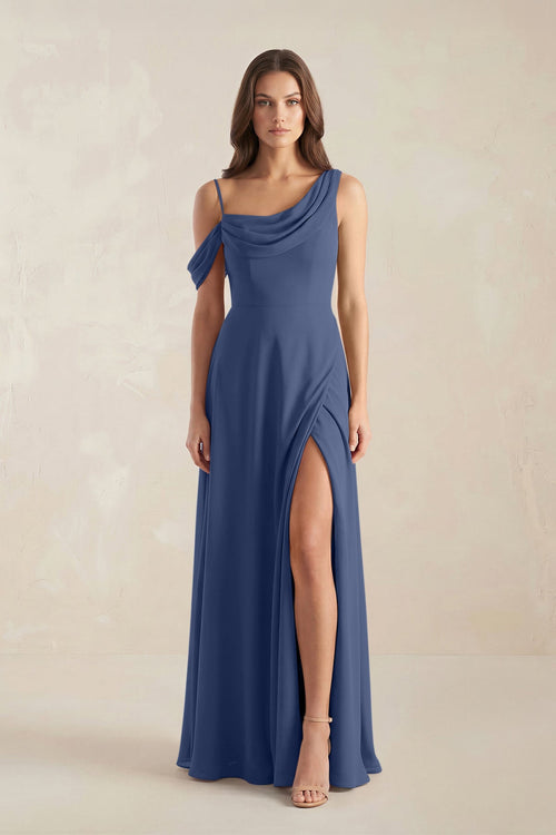 One-Shoulder Chiffon A-Line Bridesmaid Dress in Navy - SHE IS ME BRIDESMAID DRESSES