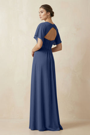 Short Sleeve V-Neck Chiffon A-Line Bridesmaid Dress in Navy - SHE IS ME BRIDESMAID DRESSES