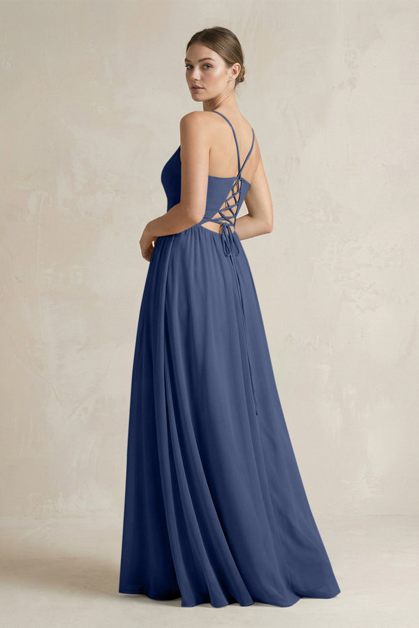 A-Line Spaghetti Strap Chiffon Bridesmaid Dress in Navy - SHE IS ME BRIDESMAID DRESSES