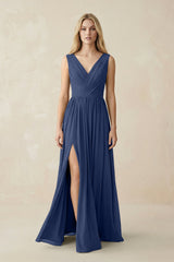 V-Neck Chiffon Pleated A-Line Bridesmaid Dress in Navy - KISS BRIDAL BRIDESMAID DRESSES
