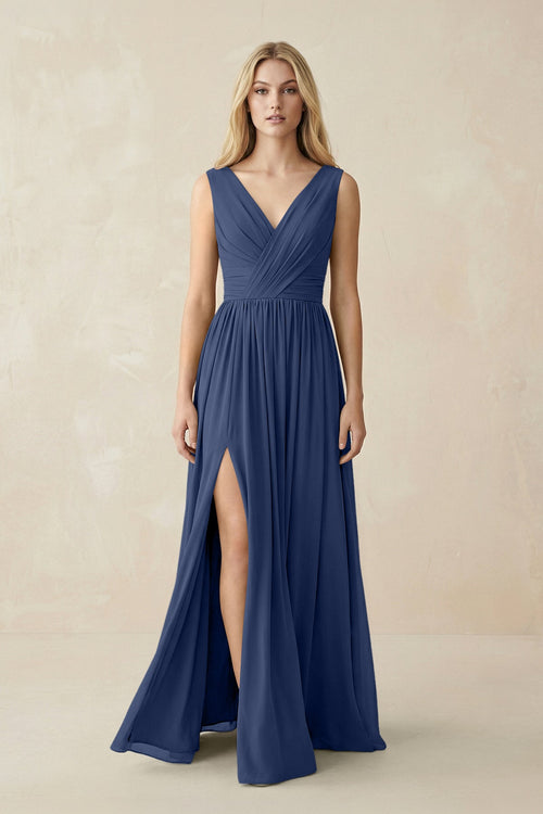 V-Neck Chiffon Pleated A-Line Bridesmaid Dress in Navy - SHE IS ME BRIDESMAID DRESSES