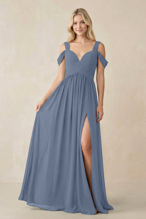Chiffon A-Line Bridesmaid Dress with Slit  in Neptune - SHE IS ME BRIDESMAID DRESSES
