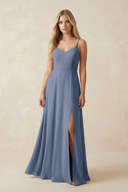 Cami Strap A-Line Chiffon Bridesmaid Dress with Slit in Neptune - SHE IS ME BRIDESMAID DRESSES