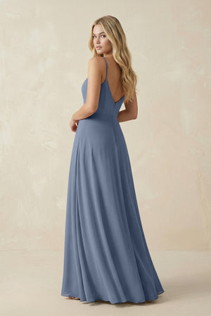 Cami Strap A-Line Chiffon Bridesmaid Dress with Slit in Neptune - SHE IS ME BRIDESMAID DRESSES