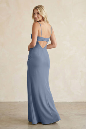 Cami Strap Chiffon Sheath Bridesmaid Dress with Slit in Neptune - SHE IS ME BRIDESMAID DRESSES