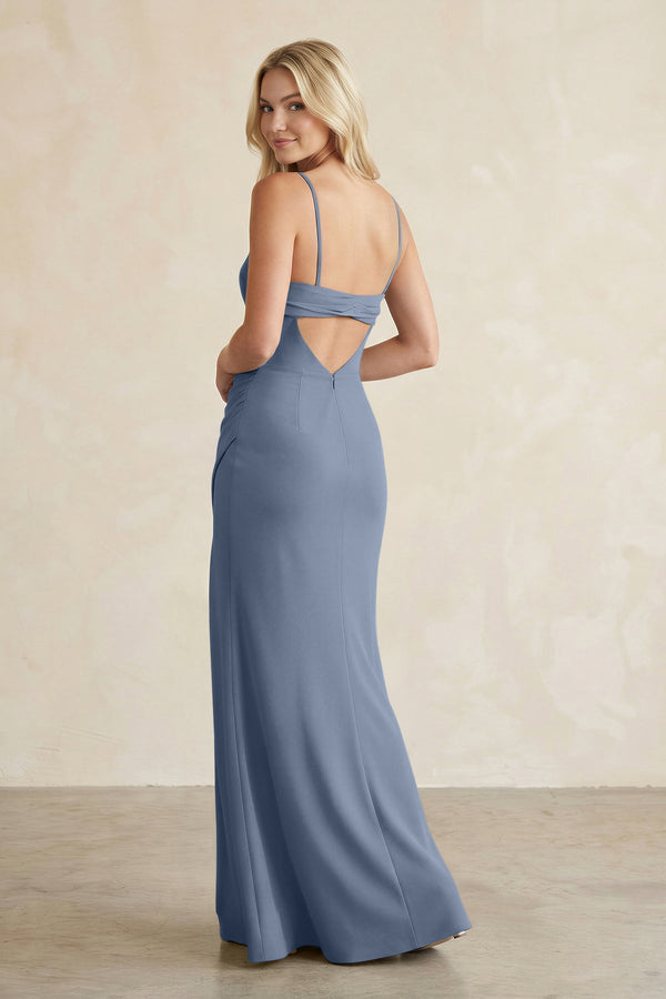 Cami Strap Chiffon Sheath Bridesmaid Dress with Slit in Neptune - SHE IS ME BRIDESMAID DRESSES