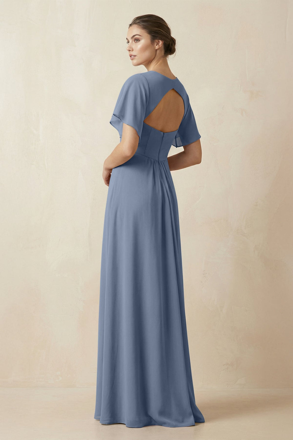 Short Sleeve V-Neck Chiffon A-Line Bridesmaid Dress in Neptune - KISS BRIDAL BRIDESMAID DRESSES