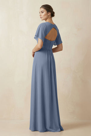 Short Sleeve V-Neck Chiffon A-Line Bridesmaid Dress in Neptune - SHE IS ME BRIDESMAID DRESSES