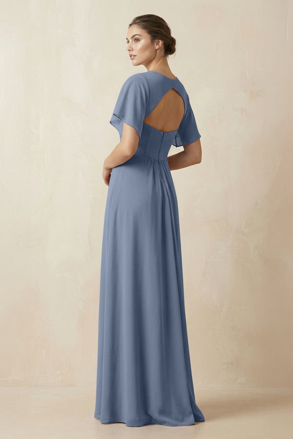 Short Sleeve V-Neck Chiffon A-Line Bridesmaid Dress in Neptune - SHE IS ME BRIDESMAID DRESSES