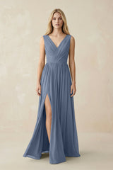 V-Neck Chiffon Pleated A-Line Bridesmaid Dress in Neptune - KISS BRIDAL BRIDESMAID DRESSES
