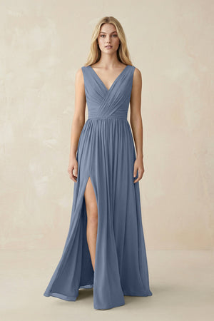V-Neck Chiffon Pleated A-Line Bridesmaid Dress in Neptune - SHE IS ME BRIDESMAID DRESSES