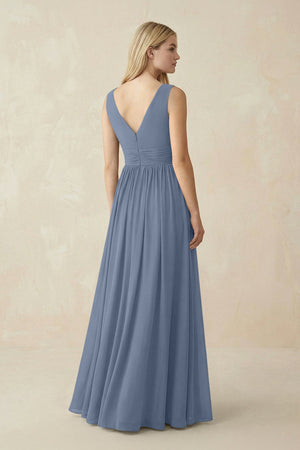 V-Neck Chiffon Pleated A-Line Bridesmaid Dress in Neptune - SHE IS ME BRIDESMAID DRESSES