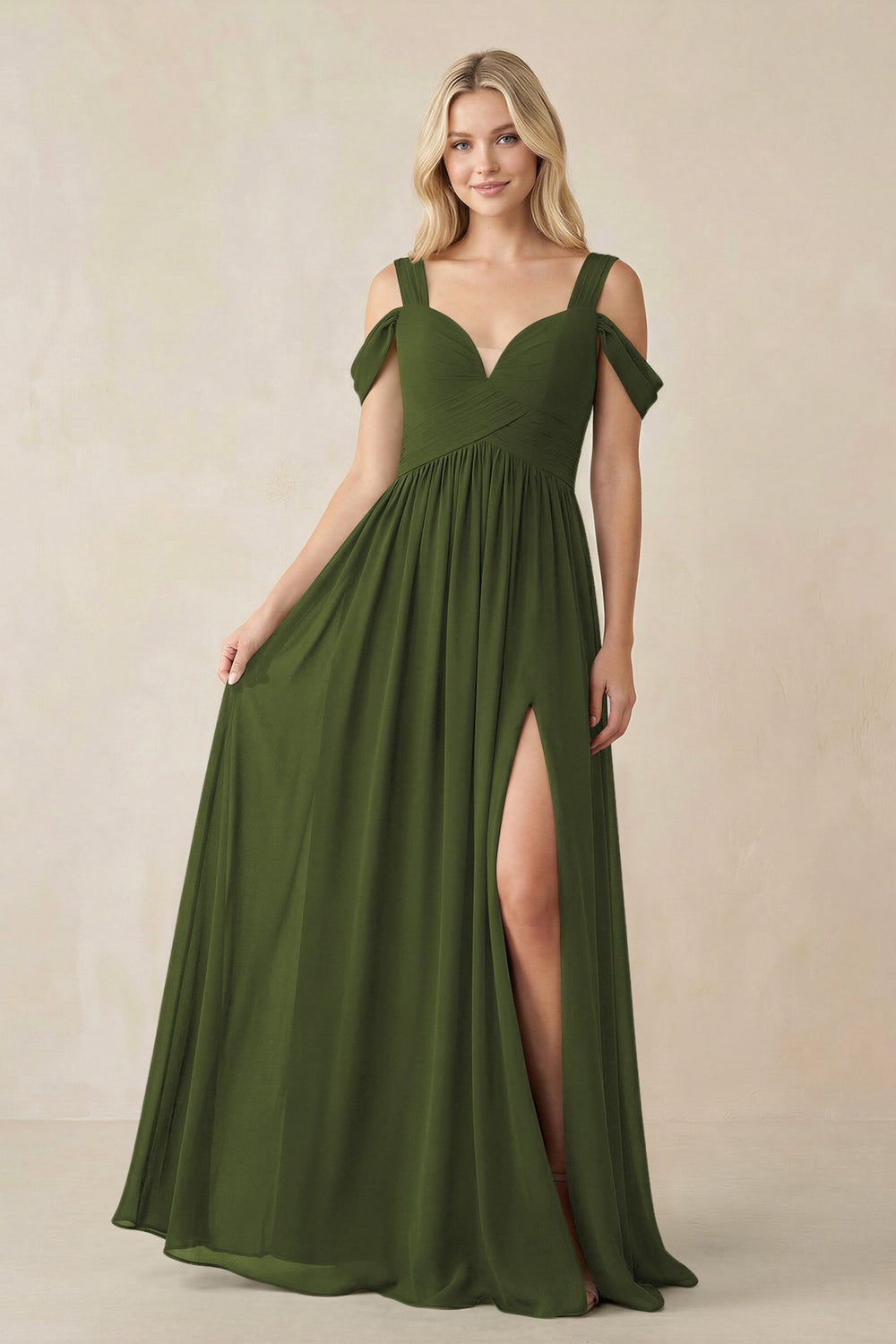 Chiffon A-Line Bridesmaid Dress with Slit  in Olive - KISS BRIDAL BRIDESMAID DRESSES