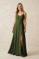 Cami Strap A-Line Chiffon Bridesmaid Dress with Slit in Olive - SHE IS ME BRIDESMAID DRESSES