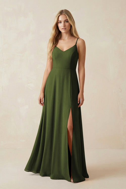 Cami Strap A-Line Chiffon Bridesmaid Dress with Slit in Olive - SHE IS ME BRIDESMAID DRESSES