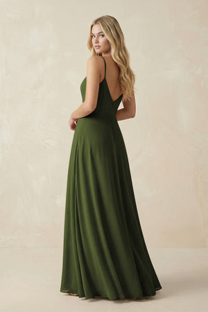 Cami Strap A-Line Chiffon Bridesmaid Dress with Slit in Olive - SHE IS ME BRIDESMAID DRESSES