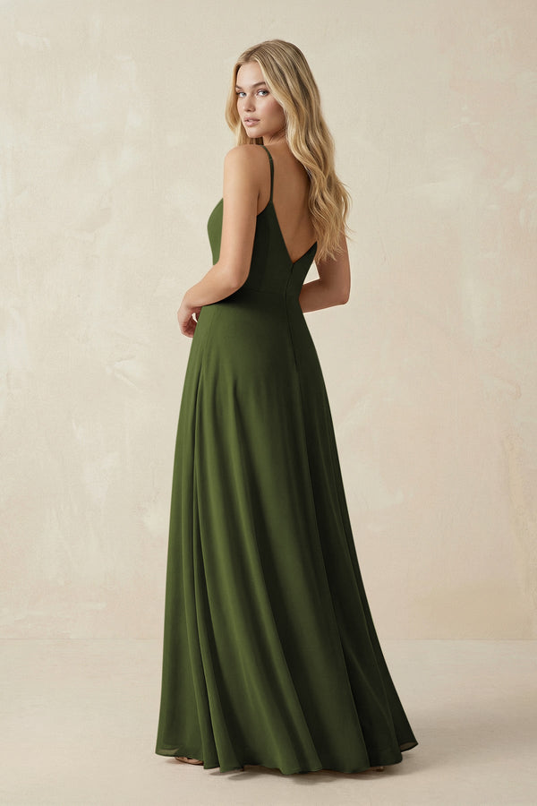 Cami Strap A-Line Chiffon Bridesmaid Dress with Slit in Olive - SHE IS ME BRIDESMAID DRESSES