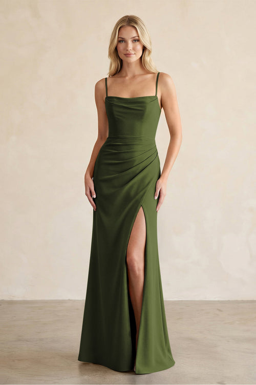 Cami Strap Chiffon Sheath Bridesmaid Dress with Slit in Olive - SHE IS ME BRIDESMAID DRESSES