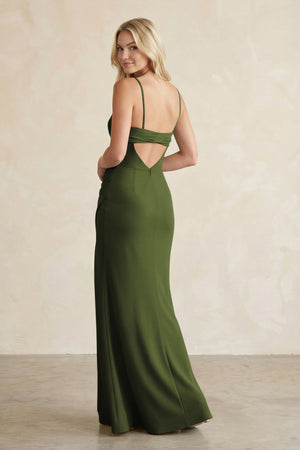 Cami Strap Chiffon Sheath Bridesmaid Dress with Slit in Olive - SHE IS ME BRIDESMAID DRESSES