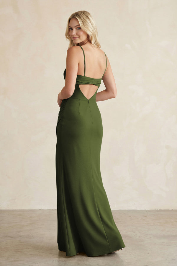 Cami Strap Chiffon Sheath Bridesmaid Dress with Slit in Olive - SHE IS ME BRIDESMAID DRESSES
