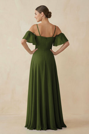 Off - the - Shoulder A - Line Chiffon Bridesmaid Dress in Olive- KissProm Bridesmaid Dresses