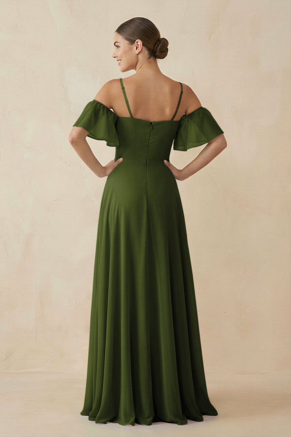 Off - the - Shoulder A - Line Chiffon Bridesmaid Dress in Olive- KissProm Bridesmaid Dresses