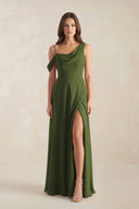 One-Shoulder Chiffon A-Line Bridesmaid Dress in Olive - SHE IS ME BRIDESMAID DRESSES